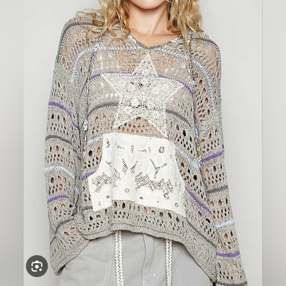 POL Lace Star Oversized Crochet Knit Hoodie Size Large FIRM